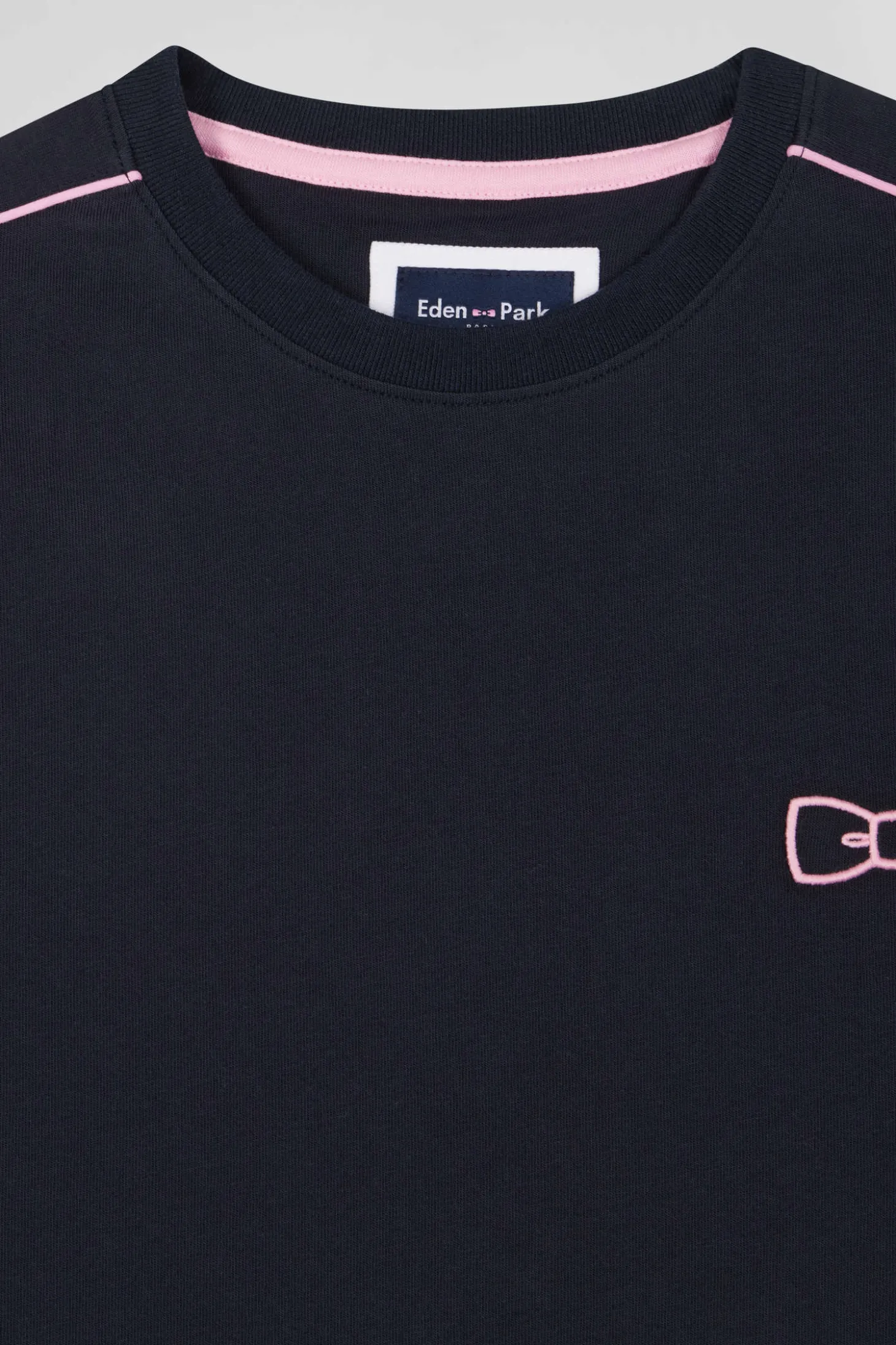 T-shirt manches courtes en coton bleu marine passepoil rose coupe Regular