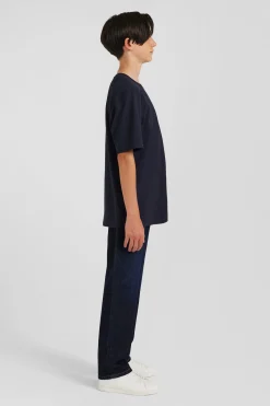 T-shirt manches courtes en coton bleu marine brodé coupe Oversized
