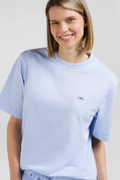 T-shirt manches courtes unisexe en coton surteint uni ciel coupe Oversized