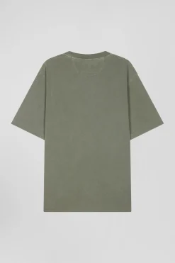 T-shirt manches courtes unisexe en coton surteint uni kaki coupe Oversized