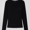 T-shirt manches longues à col V en coton noir coupe Slim