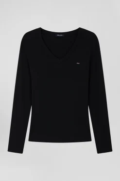 T-shirt manches longues à col V en coton noir coupe Slim