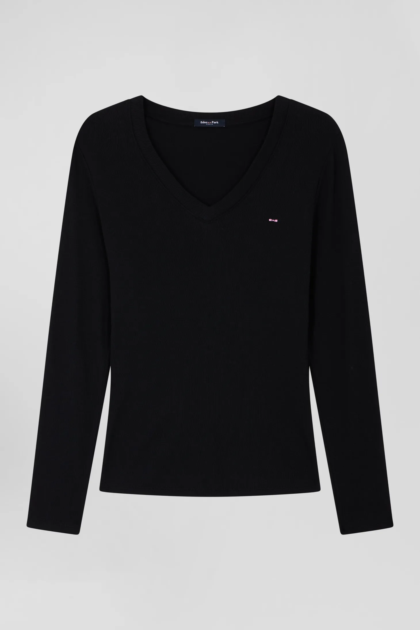 T-shirt manches longues à col V en coton noir coupe Slim
