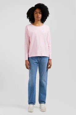 T-shirt manches longues à col rond en coton rose coupe Relaxed