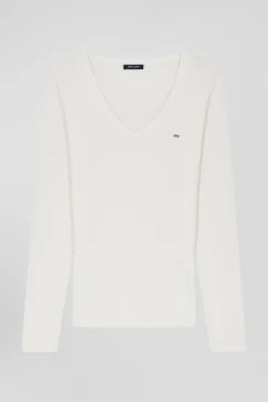 T-shirt manches longues à col V en coton écru coupe Slim