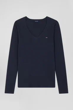 T-shirt manches longues à col V en coton bleu marine coupe Slim