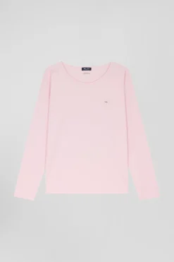 T-shirt manches longues à col rond en coton rose coupe Relaxed