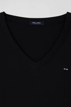 T-shirt manches longues à col V en coton noir coupe Slim