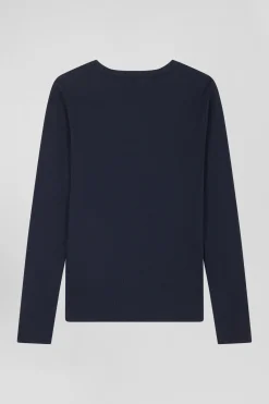 T-shirt manches longues à col V en coton bleu marine coupe Slim