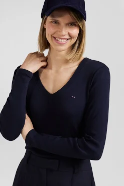 T-shirt manches longues à col V en coton bleu marine coupe Slim