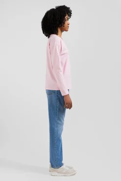 T-shirt manches longues à col rond en coton rose coupe Relaxed