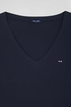 T-shirt manches longues à col V en coton bleu marine coupe Slim