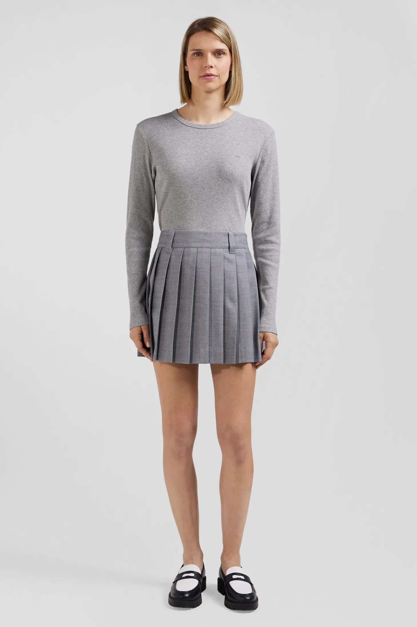 T-shirt manches longues col rond en coton gris coupe Slim