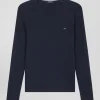 T-shirt manches longues col rond en coton bleu marine coupe Slim