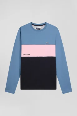 T-shirt manches longues colorblock en coton bleu coupe Regular
