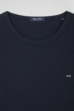 T-shirt manches longues col rond en coton bleu marine coupe Slim