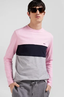 T-shirt manches longues colorblock en coton rose coupe Regular