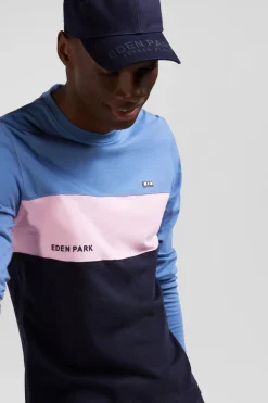 T-shirt manches longues colorblock en coton bleu coupe Regular