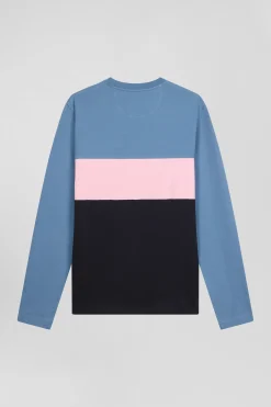 T-shirt manches longues colorblock en coton bleu coupe Regular