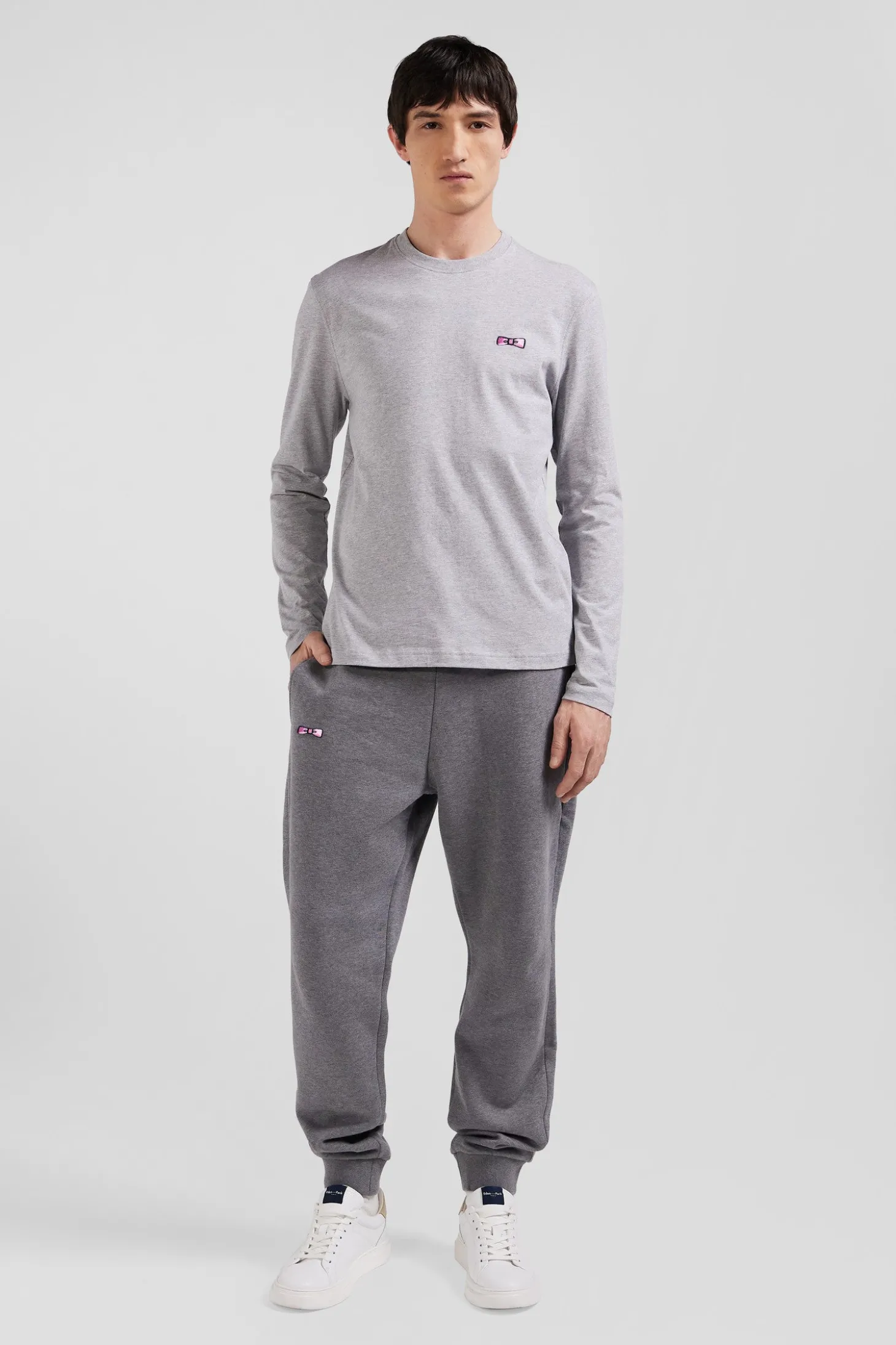 T-shirt manches longues en coton gris broderie et nœuds papillon cerclés
