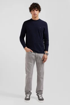 T-shirt manches longues en coton bleu marine patch dos imprimé fleuri coupe Regular