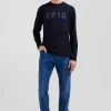T-shirt manches longues en coton bleu marine patch imprimé coupe Regular