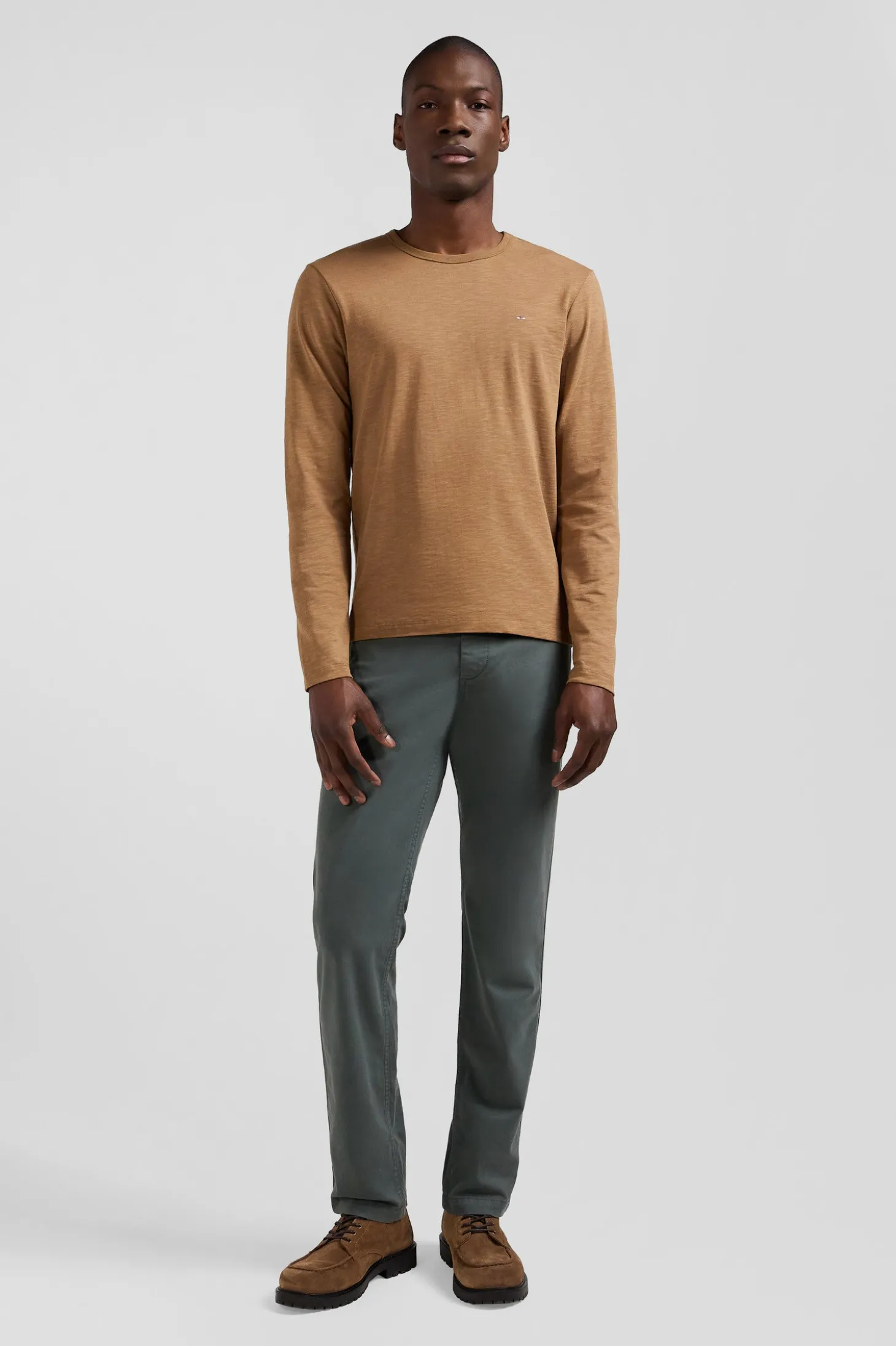 T-shirt manches longues en coton uni camel coupe Slim