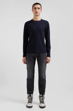 T-shirt manches longues en coton uni bleu marine coupe Slim