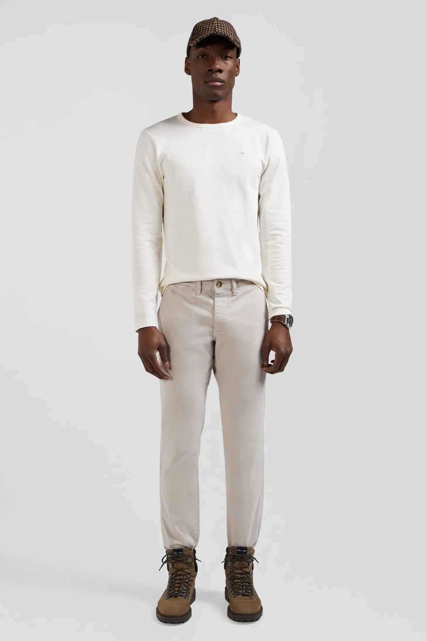 T-shirt manches longues en coton uni écru coupe Slim