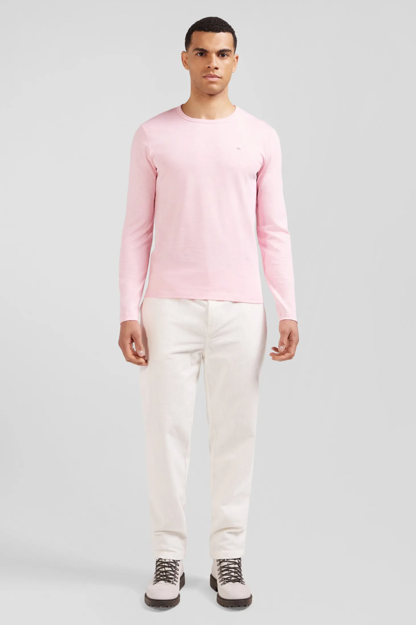 T-shirt manches longues en coton uni rose coupe Slim