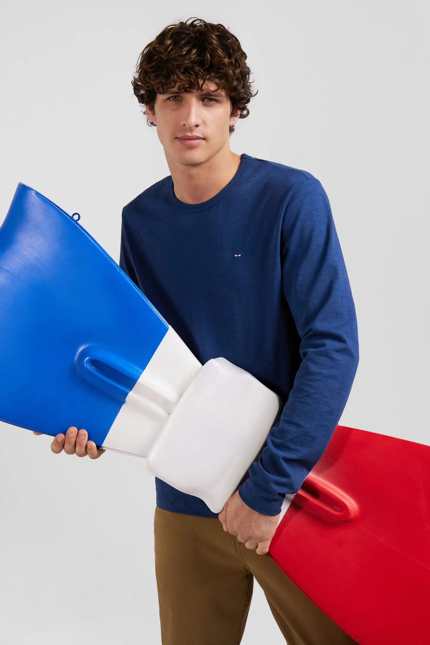 T-shirt manches longues en coton uni bleu coupe Slim