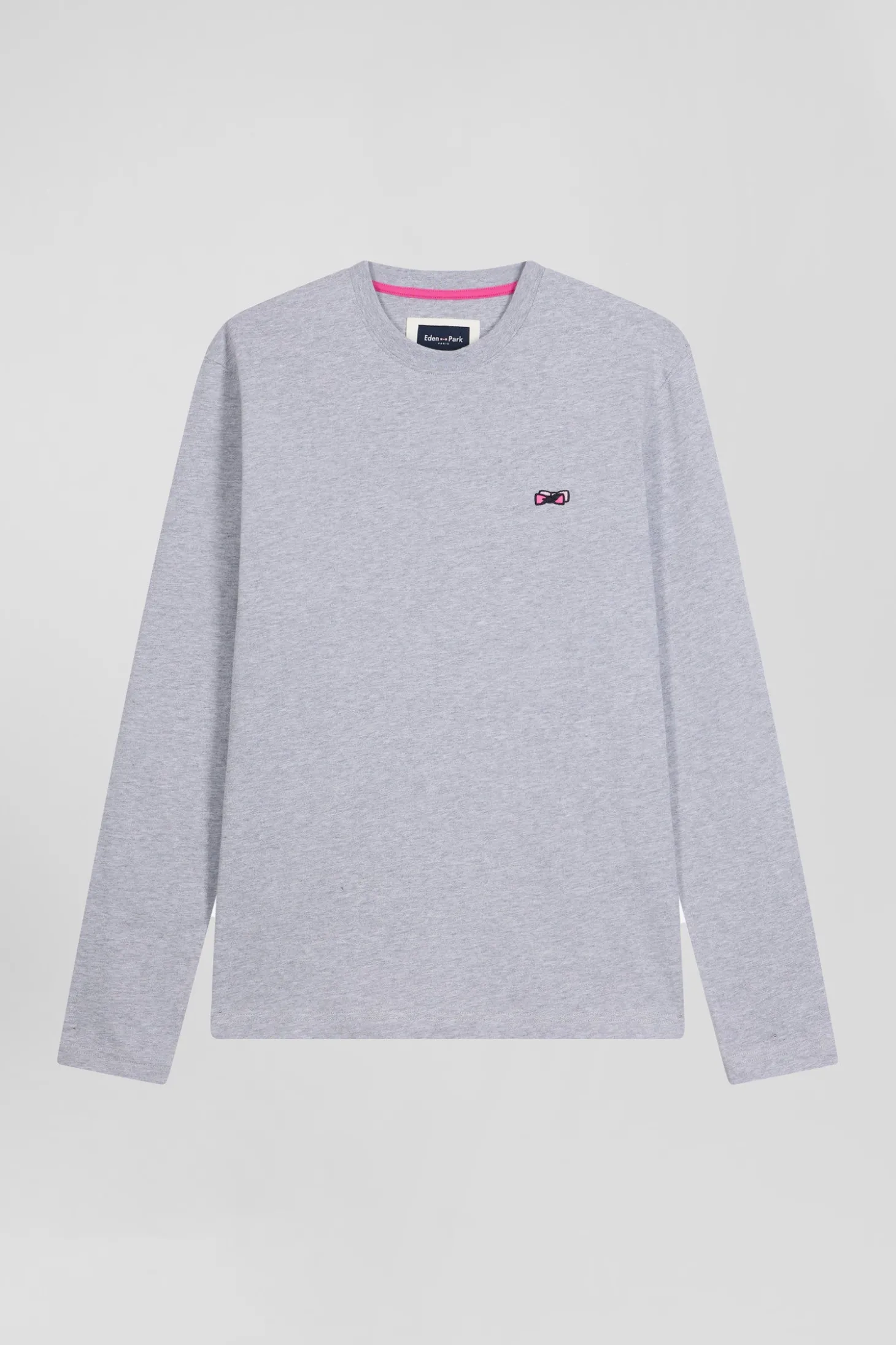 T-shirt manches longues en coton gris broderie et nœuds papillon cerclés
