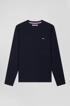 T-shirt manches longues en coton bleu marine broderie dos coupe Regular