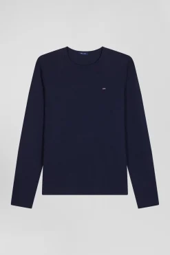 T-shirt manches longues en coton uni bleu marine coupe Slim