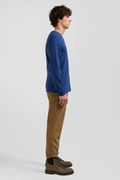 T-shirt manches longues en coton uni bleu coupe Slim