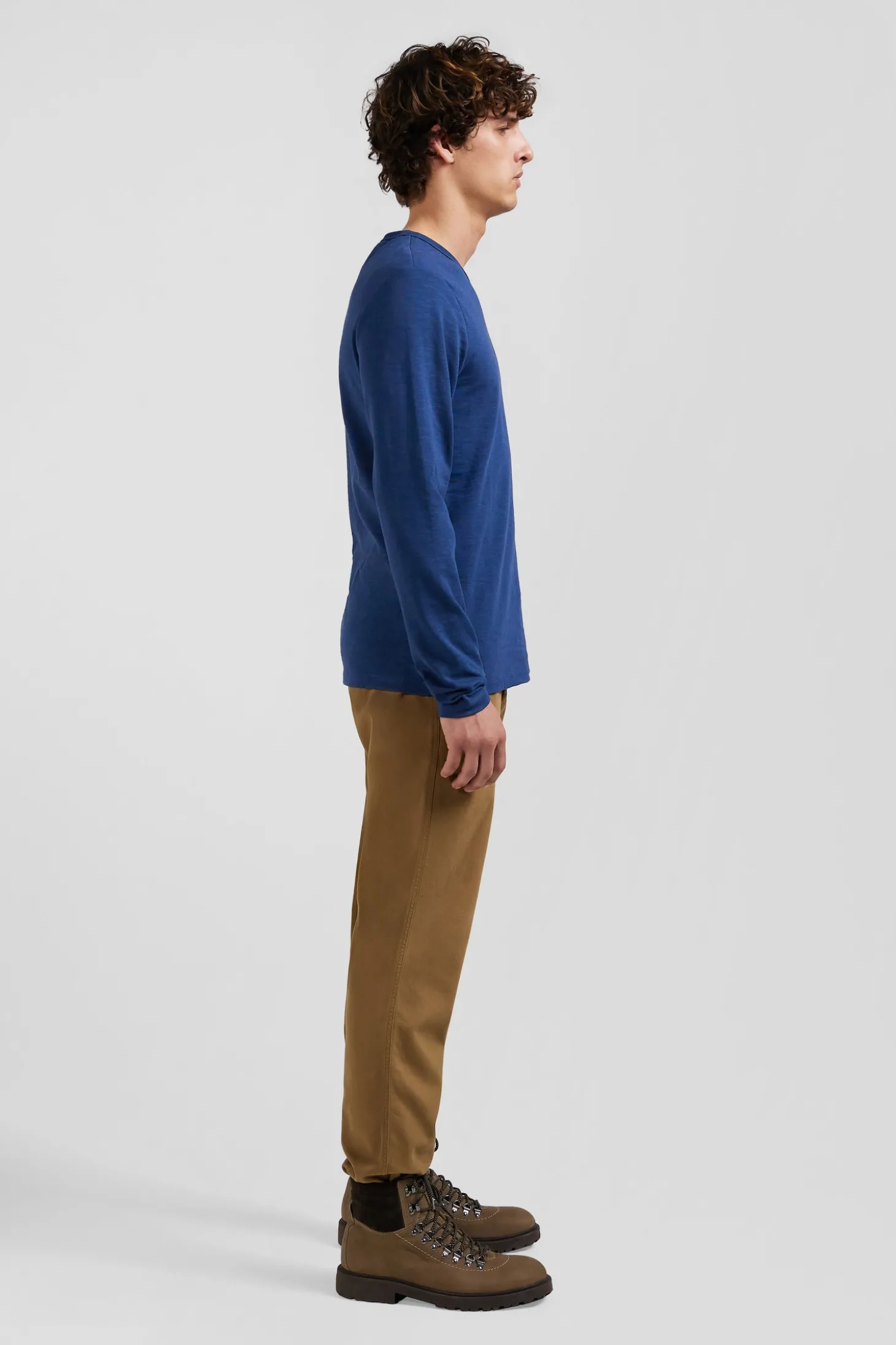 T-shirt manches longues en coton uni bleu coupe Slim
