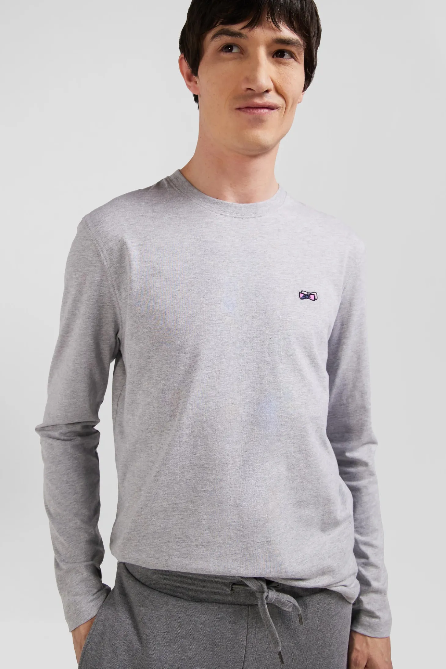 T-shirt manches longues en coton gris broderie et nœuds papillon cerclés