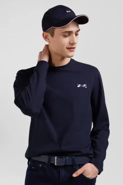 T-shirt manches longues en coton bleu marine brodé coupe Regular