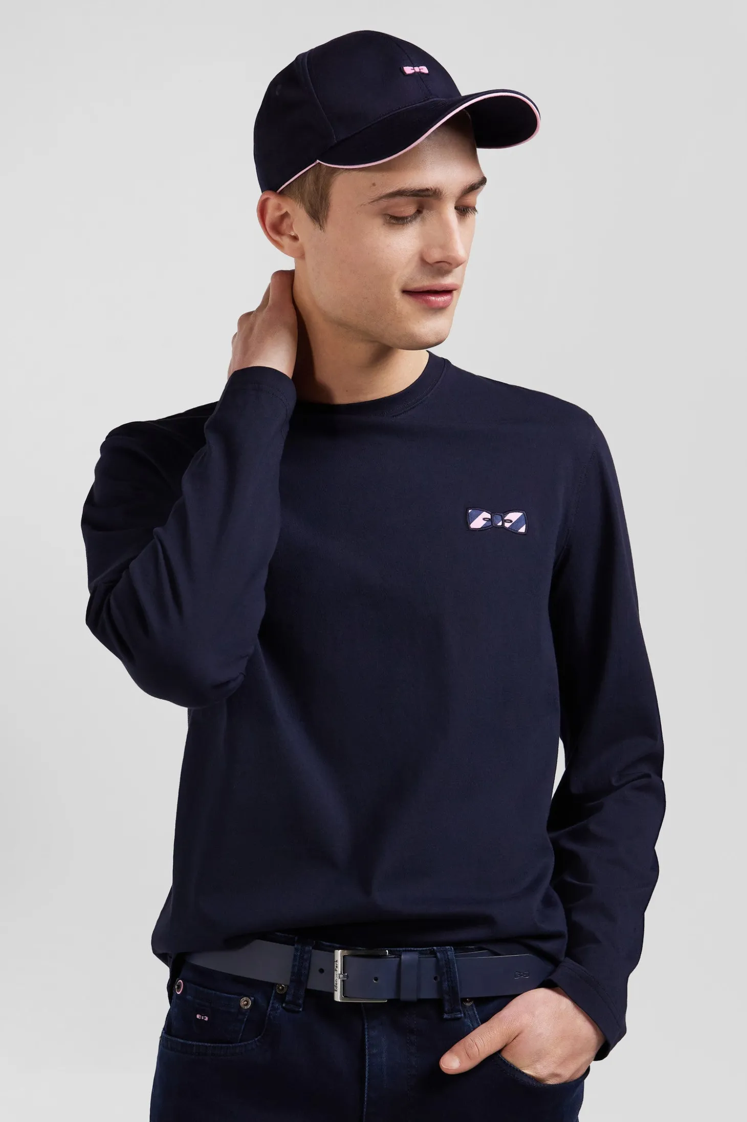 T-shirt manches longues en coton bleu marine brodé coupe Regular