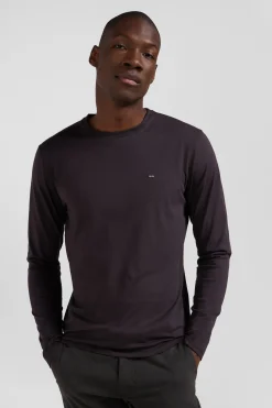 T-shirt manches longues en coton Pima marron foncé coupe Regular