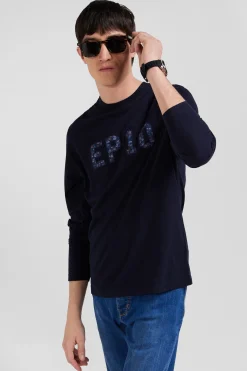 T-shirt manches longues en coton bleu marine patch imprimé coupe Regular