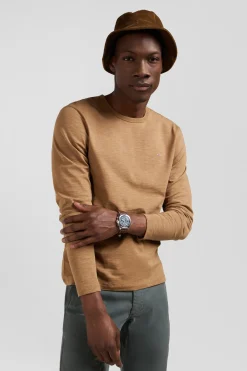 T-shirt manches longues en coton uni camel coupe Slim