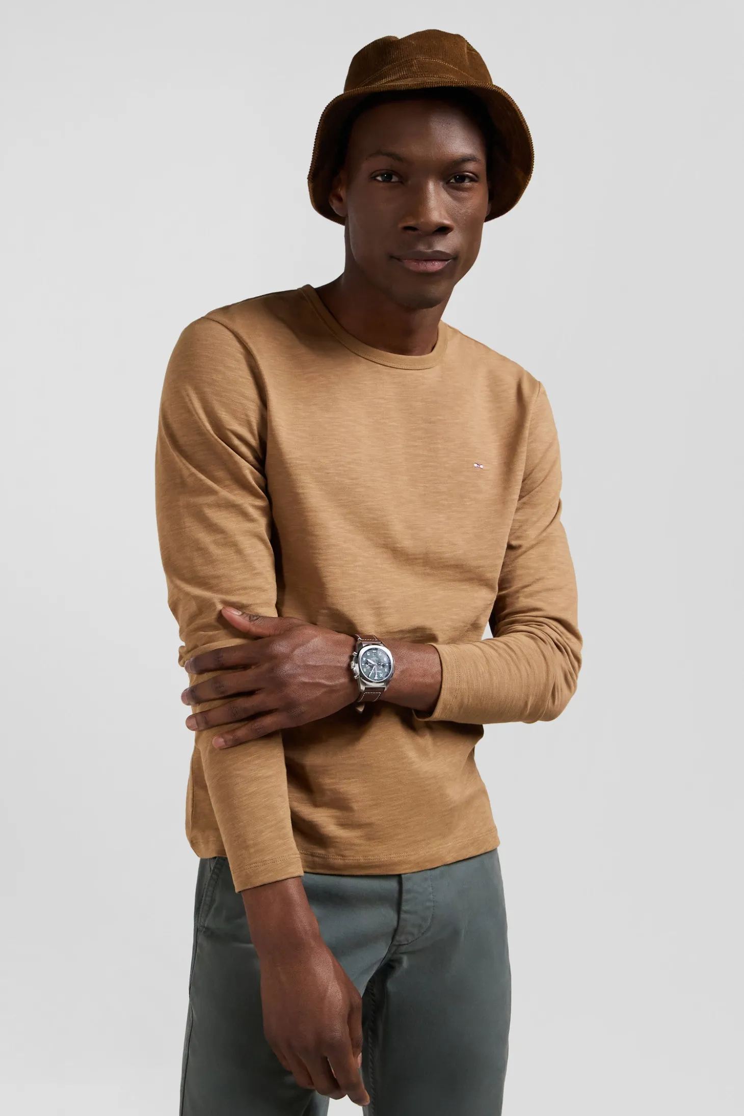 T-shirt manches longues en coton uni camel coupe Slim
