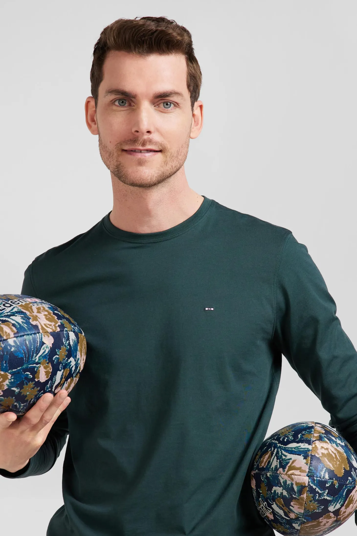 T-shirt manches longues en coton Pima bleu vert coupe Regular