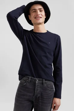 T-shirt manches longues en coton uni bleu marine coupe Slim