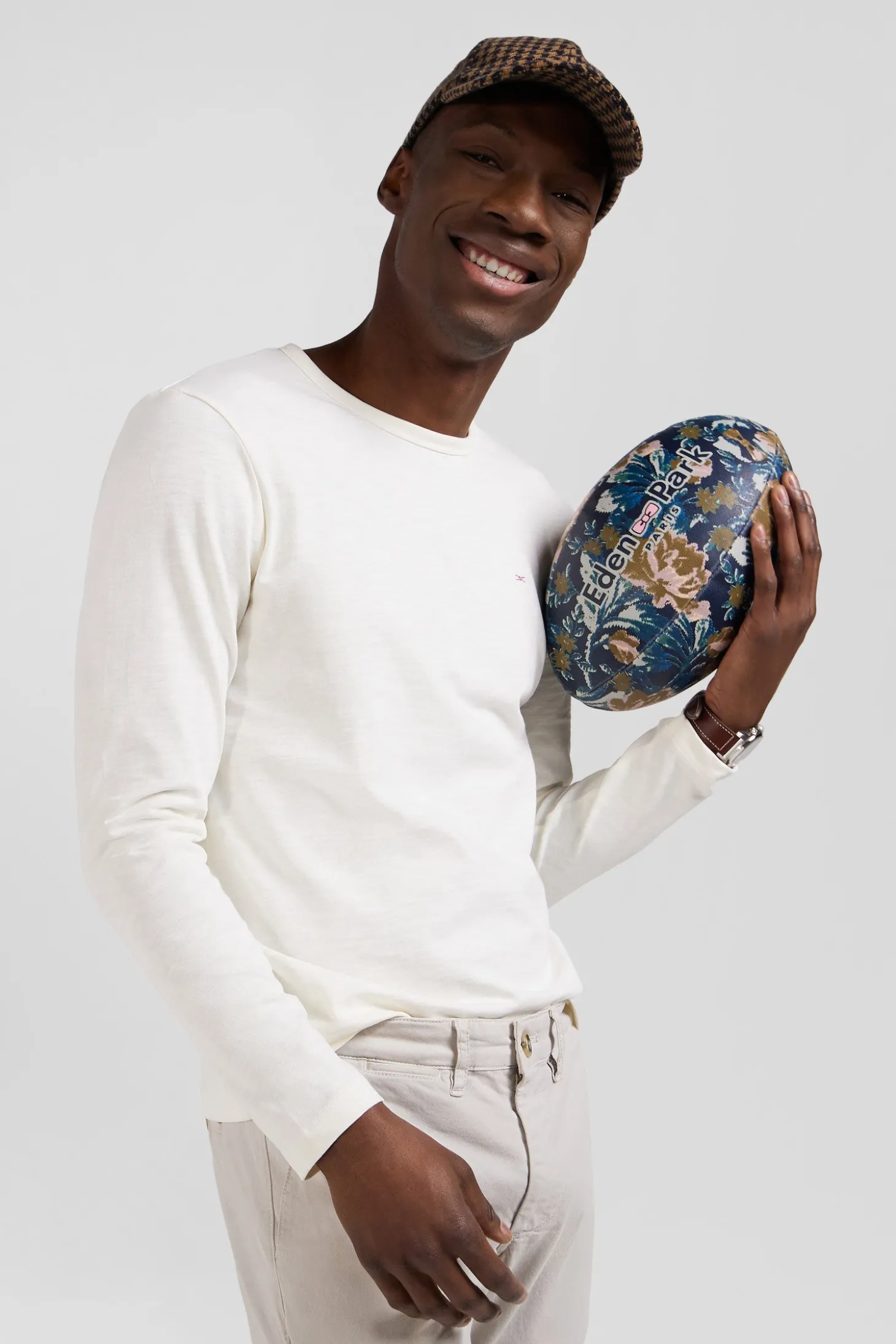 T-shirt manches longues en coton uni écru coupe Slim