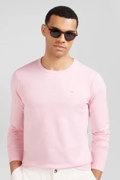 T-shirt manches longues en coton uni rose coupe Slim