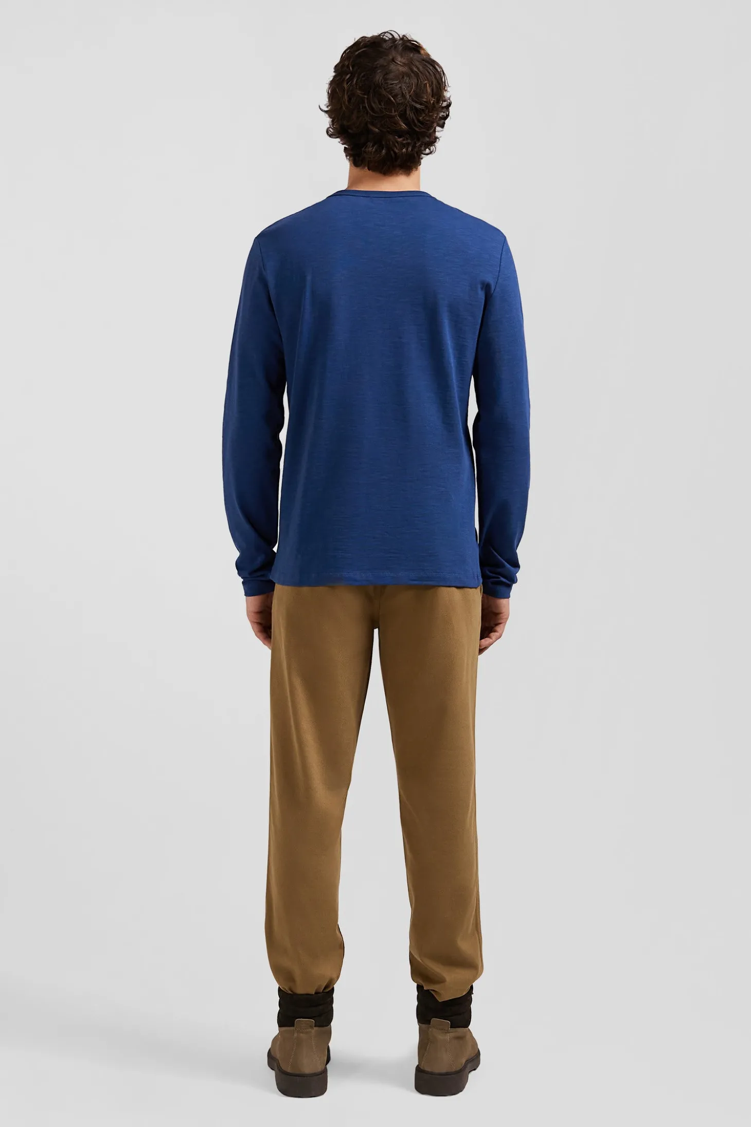 T-shirt manches longues en coton uni bleu coupe Slim