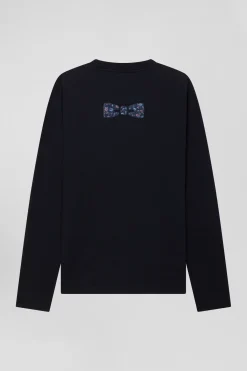 T-shirt manches longues en coton bleu marine patch dos imprimé fleuri coupe Regular