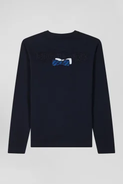 T-shirt manches longues en coton bleu marine broderie et nœuds papillon cerclés